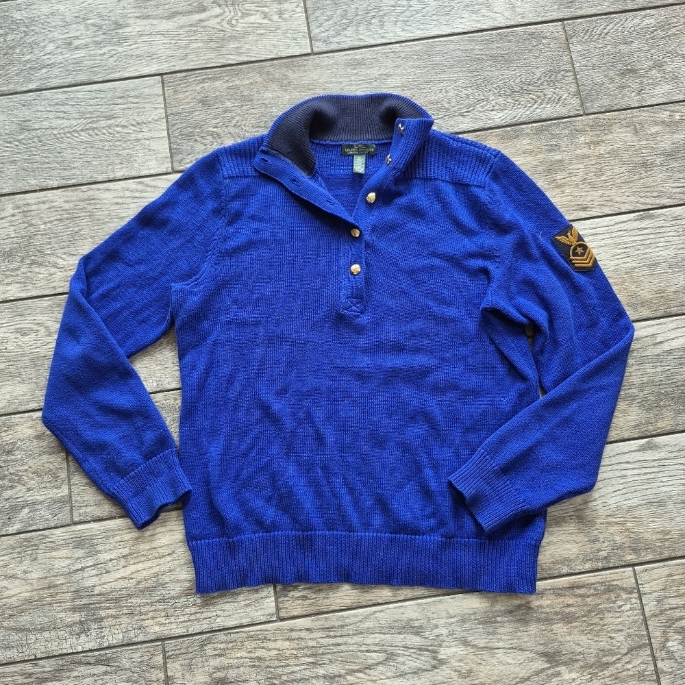 Lauren Jeans Co Ralph Lauren Royal Blue Military Henley Sweater XL Eagle Patch